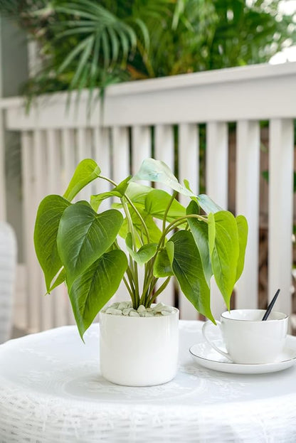 Mkono Fake Plants in Ceramic Pot, 11" Potted Artificial Plants Home Decor | Realistic Faux Green Leaf Plant with White Planter, Fake Pothos, for Desk Shelf Table Office Bathroom Bedroom Decoration