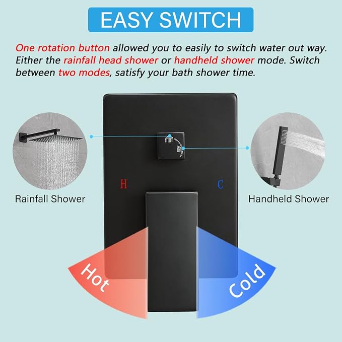 Shower Faucet Set Complete, Wall Mount Shower System for Bathroom 12 Inch High-Pressure Rainfall Shower with Handheld, Rough-in Valve Body and Trim Kit, Matte Black