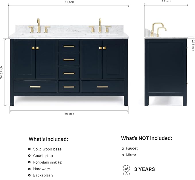 ARIEL Cambridge 60-inch Bathroom Vanity with Sink,Solid Wood, 0.75-inch Italian Carrara Marble Countertop, Double Rectangular Porcelain Sink, 4 Soft Closing Doors, 6 Dovetail Drawers, Midnight Blue
