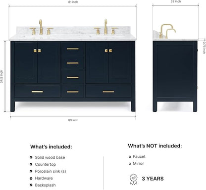 ARIEL Cambridge 60-inch Bathroom Vanity with Sink,Solid Wood, 0.75-inch Italian Carrara Marble Countertop, Double Rectangular Porcelain Sink, 4 Soft Closing Doors, 6 Dovetail Drawers, Midnight Blue