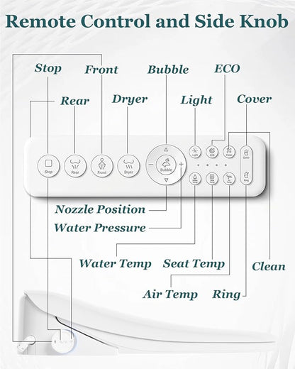 TOTTE Bidet Toilet Seat Round, Electric Bidet with Heated Water & Remote – Heated Bidet Seat with Auto Open/Close, Bubble Foam Shield, Instant Warm Wash & Dry, LED Nightlight for Family