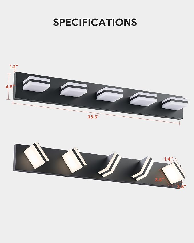 VONLUCE LED Modern Bathroom Vanity Light Fixture, Matte Black | 34'', 5-Light, 3CCT, 360° Rotate, High CRI, Flicker-free, Dimmable, Memory Function, Waterproof IP44, Easy Installation