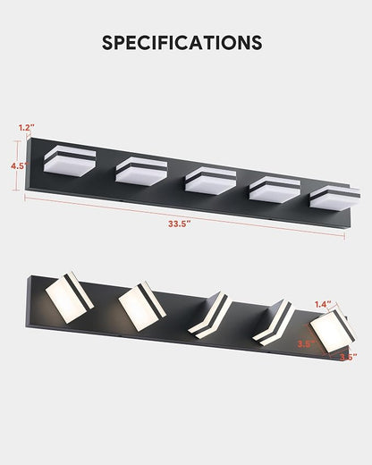 VONLUCE LED Modern Bathroom Vanity Light Fixture, Matte Black | 34'', 5-Light, 3CCT, 360° Rotate, High CRI, Flicker-free, Dimmable, Memory Function, Waterproof IP44, Easy Installation