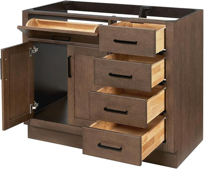 ARIEL Hepburn 42-inch Bathroom Vanity Base Cabinet,Solid Wood, 2 Soft Closing Doors, 5 Dovetail Drawers, Brown Oak