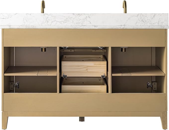 Vanity Art 54" Bathroom Vanity with Double Sink & Arabescato White Engineered Stone Top, Vanity Cabinet with Soft Closing Door, Solid Wood Frame, Golden Brushed Handles, Natural Oak VA8154D-NO-GB