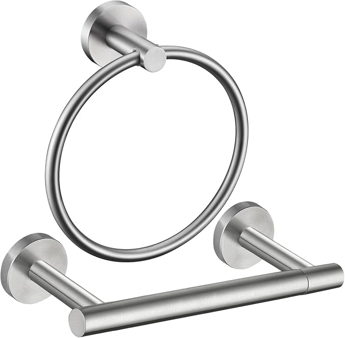 Brushed Nickel Flip Toilet Paper Holder and Hand Towel Ring Set 2 Pieces Bathroom Hardware Accessories Set SUS 304 Stainless Steel Heavy Duty Wall Mounted Bathroom Holder