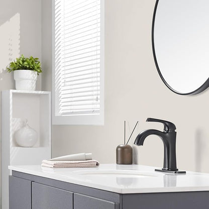 Matte Black Single Hole Bathroom Faucet, Single Handle Brass Bathroom Sink Faucet, Lavatory Vanity Faucet for 1 or 3 Holes, Bathroom Faucets with Pop Up Drain and Supply Lines, Deck Plate
