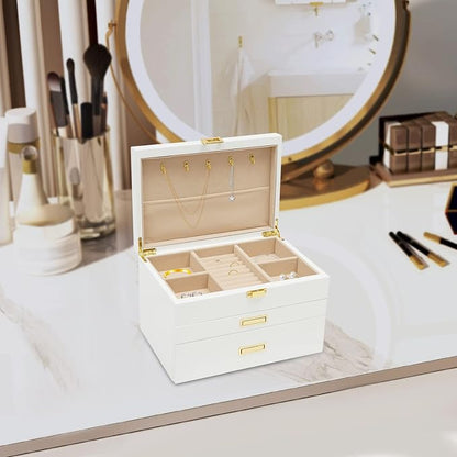 3 Layers Jewelry Storage Box with 2 Drawers, Large Wooden Jewelry Box for Women and Girls Necklace Ring Watch Organizer, White