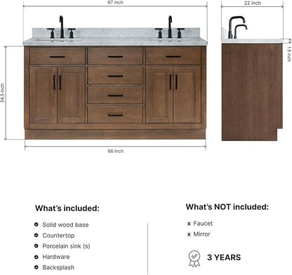 Isabella 66-Inch Brown Oak Double Bathroom Vanity with Sink, 1.5-Inch Edge Italian Carrara Marble Countertop & 4" Backsplash, Soft-Closing Doors & Drawers, Solid Oak Wood Construction