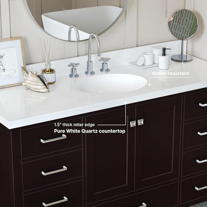 ARIEL Cambridge 60-inch Bathroom Vanity with Sink,Solid Wood, 1.5-inch Pure White Quartz Countertop & Backsplash, Single Oval Porcelain Sink, 2 Soft Closing Doors, 9 Dovetail Drawers, Espresso