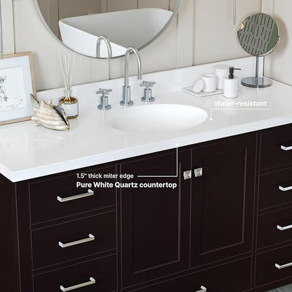 ARIEL Cambridge 60-inch Bathroom Vanity with Sink,Solid Wood, 1.5-inch Pure White Quartz Countertop & Backsplash, Single Oval Porcelain Sink, 2 Soft Closing Doors, 9 Dovetail Drawers, Espresso