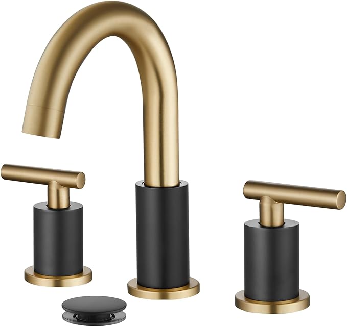gotonovo 3 Hole 2 Handles Lavatory Basin Bathroom Sink Faucet with Pop Up Drain with Hot and Cold Mixer Valves 8 Inch Widespread Bathroom Faucet Matte Black & Gold