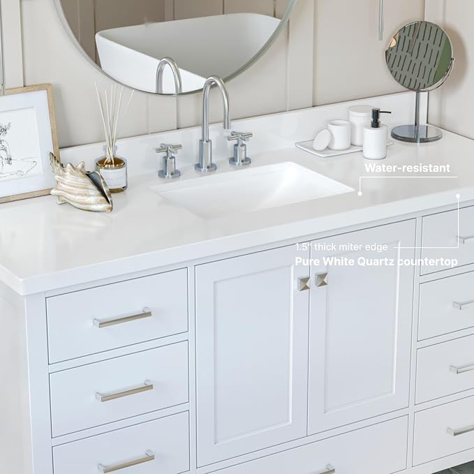 ARIEL Cambridge 60-inch Bathroom Vanity with Sink,Solid Wood, 1.5-inch Pure White Quartz Countertop & Backsplash, Single Rectangular Porcelain Sink, 2 Soft Closing Doors, 9 Dovetail Drawers, White