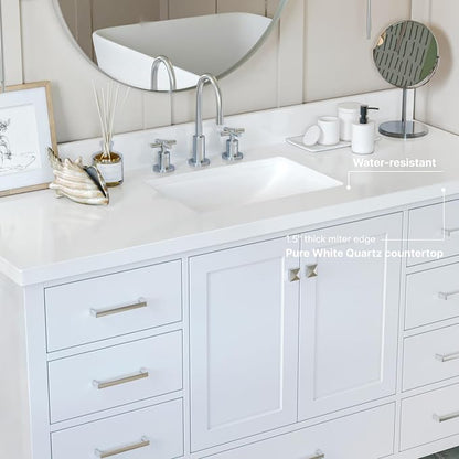 ARIEL Cambridge 60-inch Bathroom Vanity with Sink,Solid Wood, 1.5-inch Pure White Quartz Countertop & Backsplash, Single Rectangular Porcelain Sink, 2 Soft Closing Doors, 9 Dovetail Drawers, White