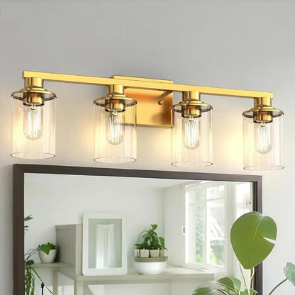 L LOHAS LED 4-Light Bathroom Vanity Light, Gold | Clear Glass Shades; Modern Bathroom Light Fixture for Bathrooms, Bedrooms and Hallways