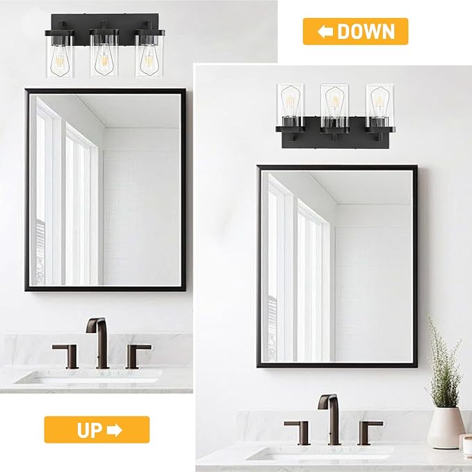 3-Light Bathroom Lighting Fixtures over Mirror, Matte Black Vanity Lights with Square Transparent Glass Shade, Modern Bathroom Vanity Light for Mirror Kitchen, Living Room, Gallery, Hallway