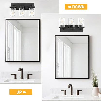 3-Light Bathroom Lighting Fixtures over Mirror, Matte Black Vanity Lights with Square Transparent Glass Shade, Modern Bathroom Vanity Light for Mirror Kitchen, Living Room, Gallery, Hallway