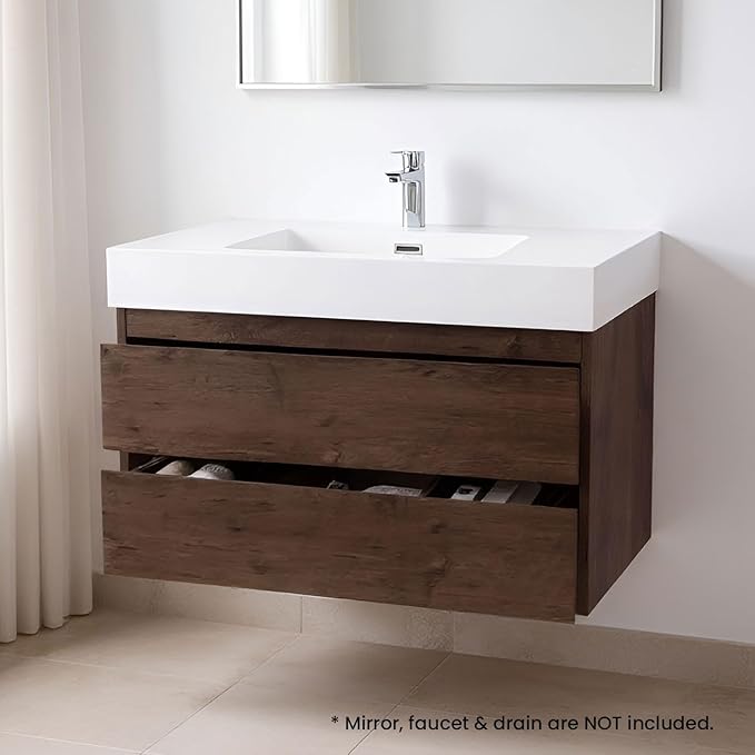 36" Floating Bathroom Vanity with Sink, Modern Bathroom Cabinet with Top and Soft Close Drawers, Spacious Storage for Small Space, Walnut - Lavanda Collection