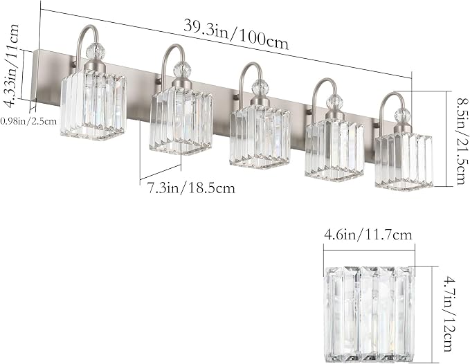 Ralbay Brushed Nickel Bathroom Vanity Light Crystal Modern 5 Light Bathroom Wall Lighting Fixtures Over Mirror
