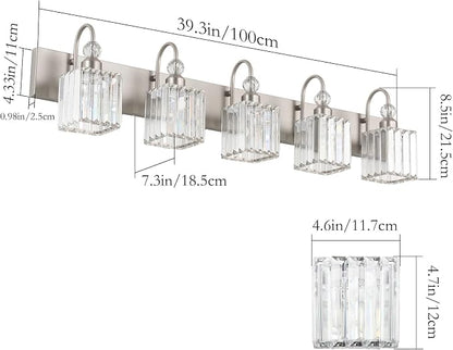 Ralbay Brushed Nickel Bathroom Vanity Light Crystal Modern 5 Light Bathroom Wall Lighting Fixtures Over Mirror
