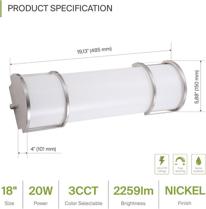 ASD LED 18" Vanity Flush Mount Light Fixture, Linear Bathroom Lighting Bar | 3CCT, Dimmable, ETL Listed | 20W 2300LM 3000-5000K 100-277V | Long Tube Bath Wall Sconce Over Mirror | Nickel
