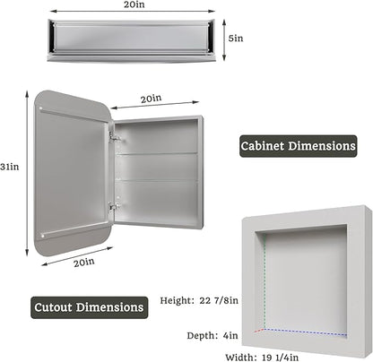 20x31 Bathroom Medicine Cabinet with Mirror,Aluminum Alloy Frame with Mirror Side Panels,Surface or Recessed Medicine Cabinet with Adjustable Shelves,Assembly Required,Rounded Corner