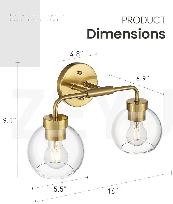 zeyu 16 Inch Wall Sconce Lighting for Bathroom, Gold Bathroom Vanity Light, 2-Light Vanity Lights with Clear Glass Globe Glass, Brushed Gold Finish, ZS62BG-2W BG