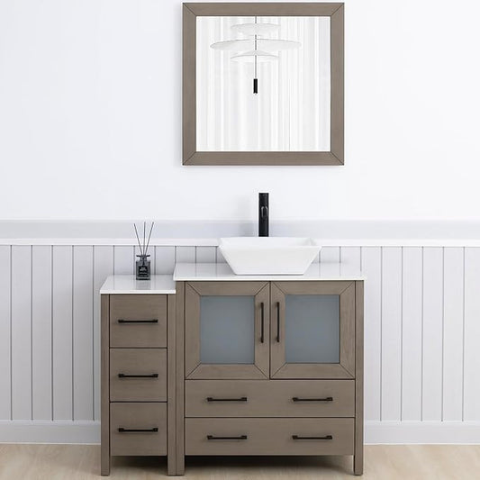 Vanity Art 42 Inch Vessel Single Sink Bathroom Vanity Cabinet with 1 Mirror, Engineered Marble Top Bathroom Cabinet Compact Set with 5 Dovetail Drawers and Soft Closing Doors, VA3130-42DG