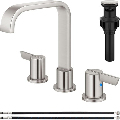 Brushed Nickel Bathroom Faucet 3 Hole 8 Inch Widespread Waterfall | 2-Handle Vanity Faucet, Pop-Up Drain, Supply Lines, Adjustable 4- to 16-Inch Widespread Fit, 360° Swivel Spout