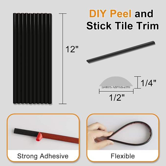 STICKGOO 10-Pack Peel and Stick Trim for Backsplash Tile Edge, 12" Tile Edge Trim Self-Adhesive Liner for Corner Decor in Black