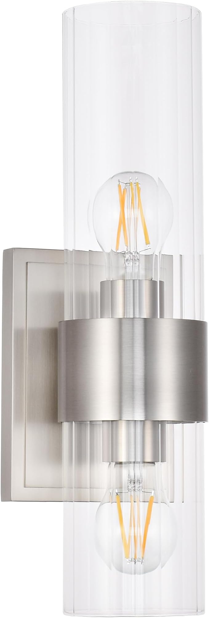 Modern Bathroom Sconces Wall Lighting with Clear Ribbed Glass, Brushed Nickel 2-Light Bathroom Vanity Light Fixtures for Mirror Living Room Hallway Bedroom