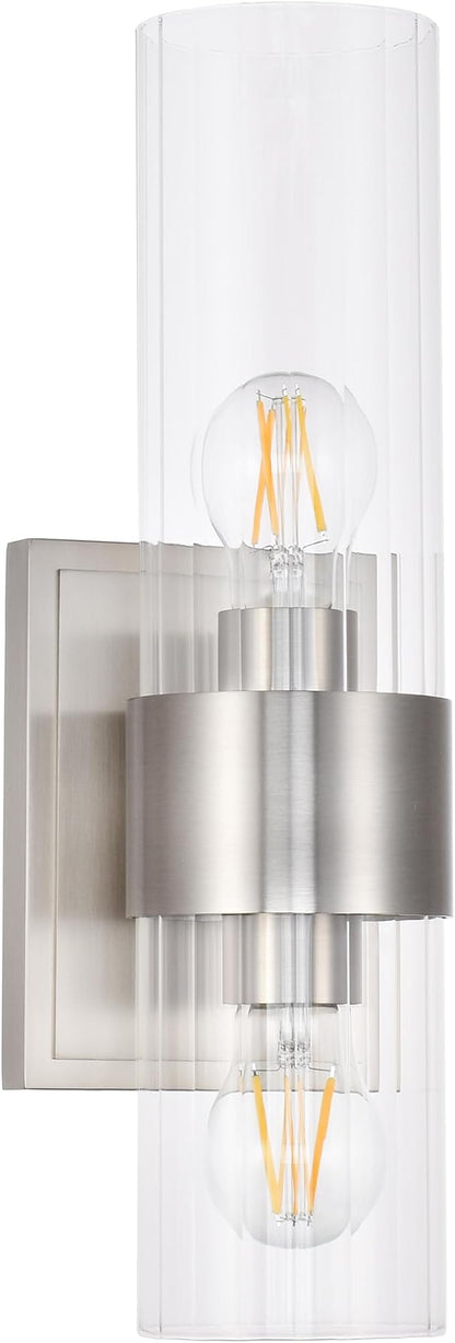 Modern Bathroom Sconces Wall Lighting with Clear Ribbed Glass, Brushed Nickel 2-Light Bathroom Vanity Light Fixtures for Mirror Living Room Hallway Bedroom