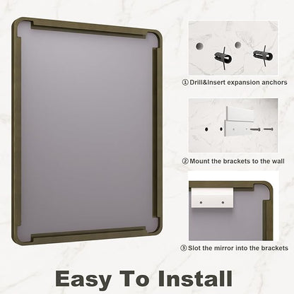 48x36 Bronze Framed Bathroom Mirror, Rectangle Brushed Bronze Metal Vanity Mirror, Large Modern Mirror for Wall, Rounded Corner, Tempered Glass, Anti-Rust, Shatterproof (Horizontal/Vertical)