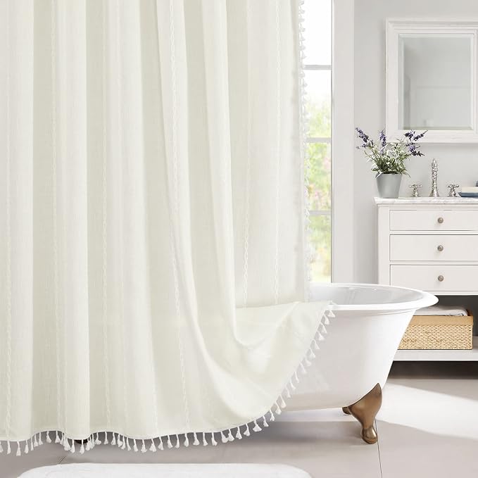 Boho Farmhouse Tassel Linen Shower Curtain,3D Embroidery Stripe Ivory,72x96 | Extra Long Xl,310GSM Striped Texture Heavy Duty Cloth,Water Repellent,Wrinkle Resistant,Vintage Farmhouse Rustic