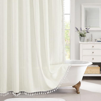 Boho Farmhouse Tassel Linen Shower Curtain,3D Embroidery Stripe Ivory,72x78 | Long Tall,310GSM Striped Texture Heavy Duty Cloth,Water Repellent,,Vintage Farmhouse Rustic,Wrinkle Resistant,12 Hooks