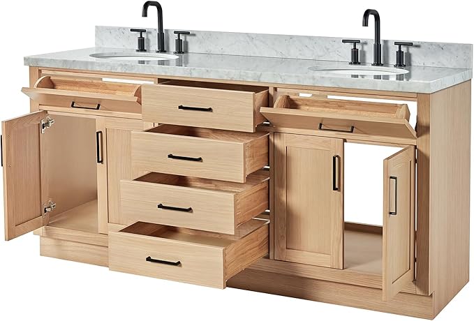 ARIEL Hepburn 72-inch Bathroom Vanity with Sink,Solid Wood, 1.5-inch Italian Carrara Marble Countertop & Backsplash, Double Oval Porcelain Sink, 4 Soft Closing Doors, 6 Dovetail Drawers, White Oak