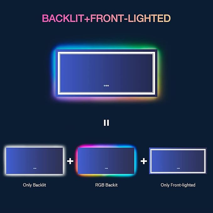 77x36 Inch RGB LED Bathroom Mirror with Lights | Front and RGB Backlit, Dimmable, Memory, Anti Fog, Shatterproof, Horizontal/Vertical, Lighted Mirrors for Bathroom Wall