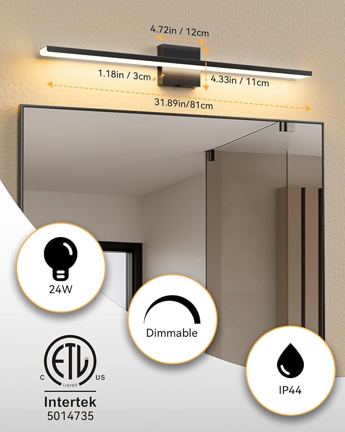 Modern Bathroom Vanity Light,32inch 5CCT Dimmable Bathroom Light Fixtures Over Mirror,32W,2800 Lumen ETL Certified Matte Black LED Vanity Light for Bathroom Restroom Make up/Powder Room RA＞90