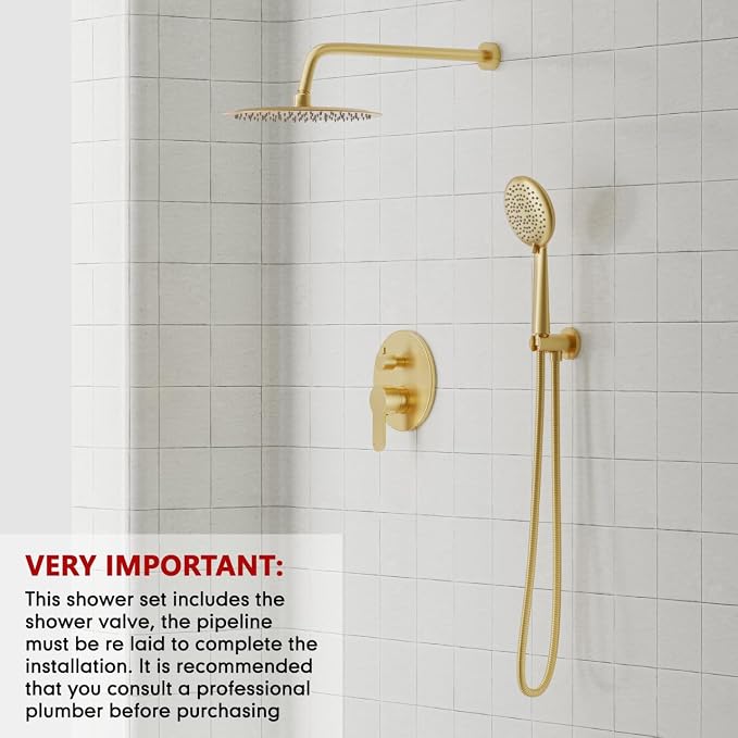 Gabrylly Gold Shower Head System, Shower Faucet Set with Pressure Balance Shower Valve, 10 Inch Shower Heads with 5-Setting handheld Spray Combo, High Pressure Shower Fixtures, Brushed Gold