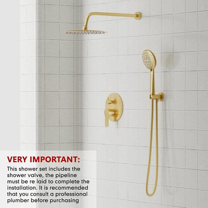 Gabrylly Gold Shower Head System, Shower Faucet Set with Pressure Balance Shower Valve, 10 Inch Shower Heads with 5-Setting handheld Spray Combo, High Pressure Shower Fixtures, Brushed Gold