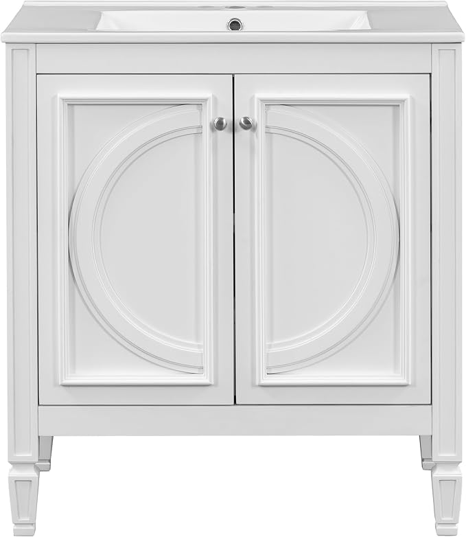 Christopher Knight Home Benton 30" Bathroom Vanity with Ceramic Sink, Rubberwood Frame, Adjustable Shelves, Soft Close Door Hinges, Storage Cabinet with 2-Tier Door Organizer, 1 Drawer, White