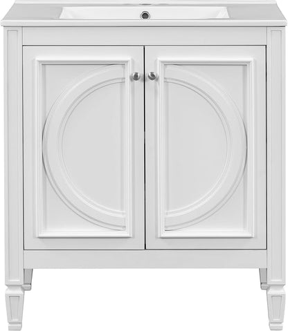 Christopher Knight Home Benton 30" Bathroom Vanity with Ceramic Sink, Rubberwood Frame, Adjustable Shelves, Soft Close Door Hinges, Storage Cabinet with 2-Tier Door Organizer, 1 Drawer, White