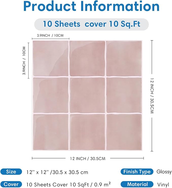 Thicker 3D Peel and Stick Backsplash Tiles, 10 Pcs 12" x 12" | Pink, Glossy Self Adhesive Backsplash Wall Sticker for Renter Friendly Bathroom DIY Wall Makeover, Cover 10 sq ft，Removable