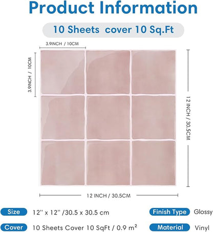 Thicker 3D Peel and Stick Backsplash Tiles, 10 Pcs 12" x 12" | Pink, Glossy Self Adhesive Backsplash Wall Sticker for Renter Friendly Bathroom DIY Wall Makeover, Cover 10 sq ft，Removable