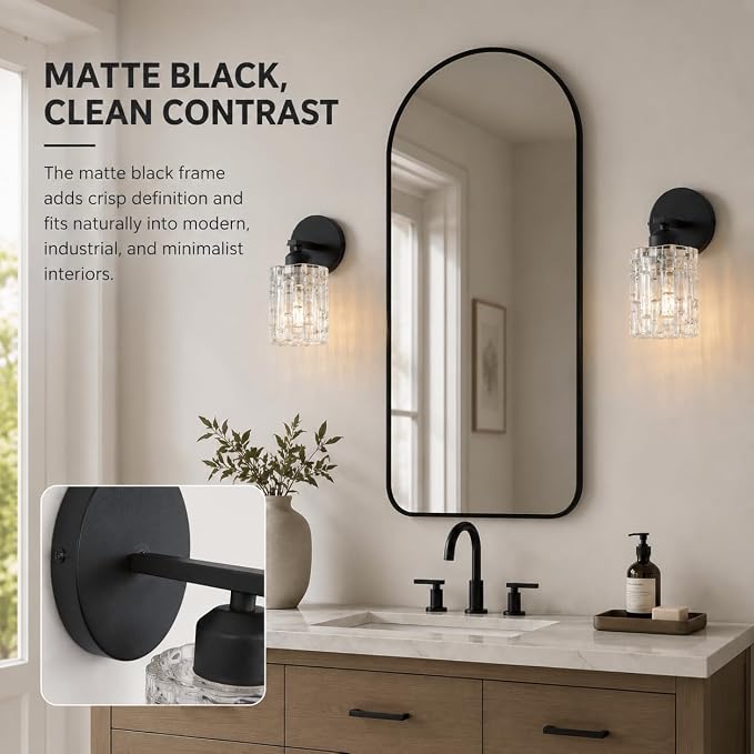 2-Pack 1-Light Modern Matte Black Crystal Wall Sconces, Hardwired Indoor Bathroom Vanity Light Fixtures, Crystal Over Mirror Lamps for Living Room, Bedroom, Hallway