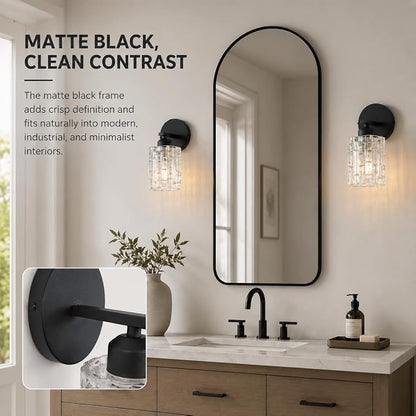 2-Pack 1-Light Modern Matte Black Crystal Wall Sconces, Hardwired Indoor Bathroom Vanity Light Fixtures, Crystal Over Mirror Lamps for Living Room, Bedroom, Hallway