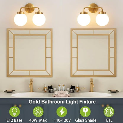 Bathroom Vanity Light Fixtures Over Mirror, Modern Brass Gold 2 Lights Wall Sconce Lighting with Milky Glass Ball Shades, Mid Century Farmhouse Bathroom Lighting