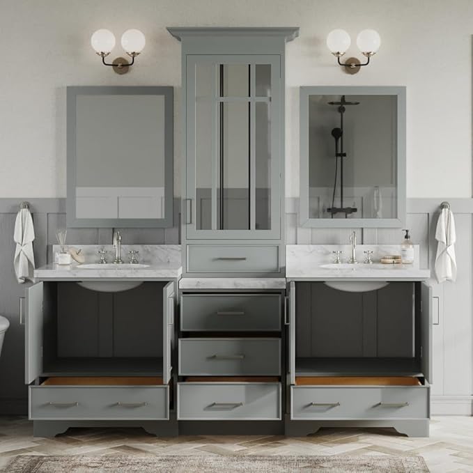 ARIEL Stafford 85 inch Bathroom Vanity Set in Grey, Double Oval Sink, 1.5" Carrara White Marble Countertops, 5 Soft Closing Doors, 6 Full Extension Dovetail Drawers, Mirror Cabinet
