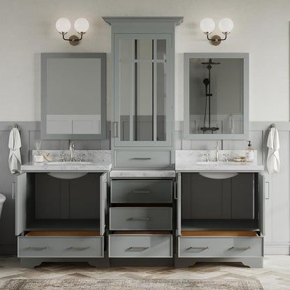 ARIEL Stafford 85 inch Bathroom Vanity Set in Grey, Double Oval Sink, 1.5" Carrara White Marble Countertops, 5 Soft Closing Doors, 6 Full Extension Dovetail Drawers, Mirror Cabinet