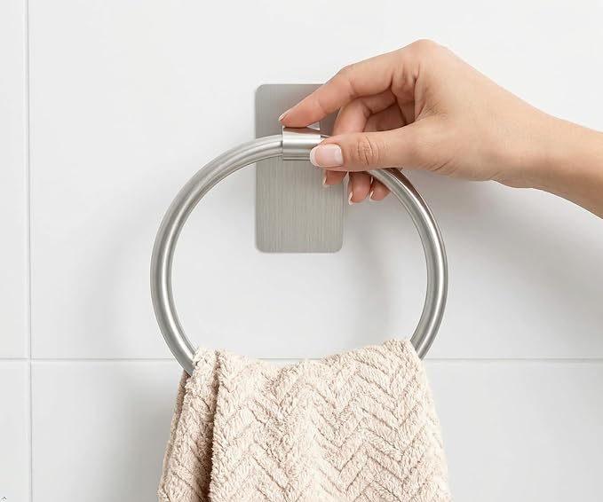 STWWO Brushed Nickel Towel Ring, Hand Towel Holder for Bathroom, 2 Pack | Self Adhesive Hand Towel Rings for Bath RV Kitchen, No Drill Hole, Silver